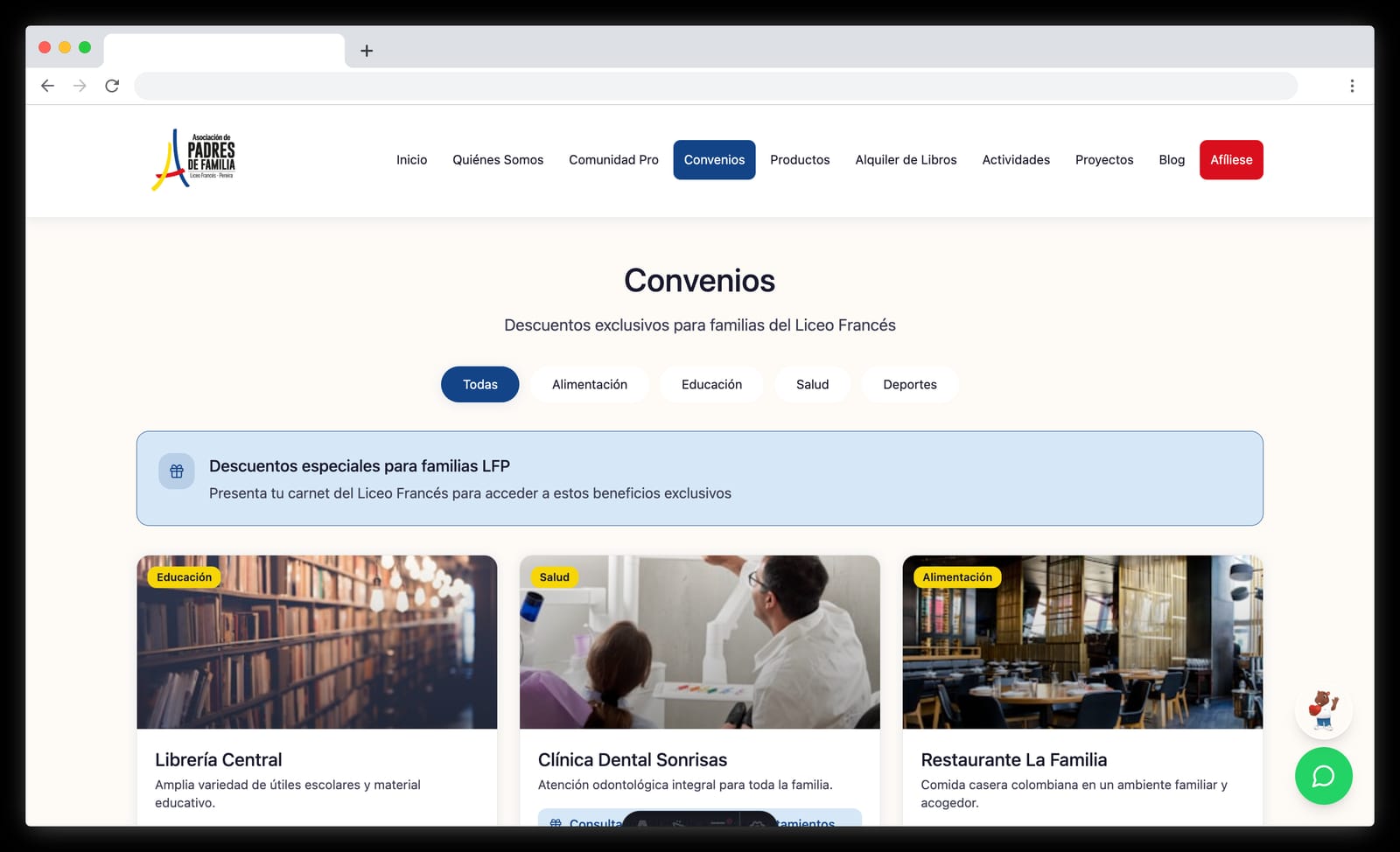 Sitio web ASOPADRES - Convenios